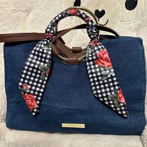 Liz Claiborne Blue Denim Tote with Floral Scarf Accent